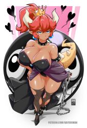 1girls bayeuxman big_breasts blue_eyes bowsette breasts brown_skin chain_chomp collarbone eye_contact female female_focus female_only horns huge_breasts legwear long_hair looking_at_viewer mario_(series) new_super_mario_bros._u_deluxe nintendo ponytail red_bowsette red_hair solo super_mario_bros. tail thick_thighs thighhighs thighs