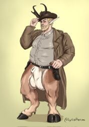 animal_genitalia balls beard belt big_balls blonde_beard blonde_hair bottomless clothed clothing cowboy_hat facial_hair genitals hair hat headgear headwear hi_res hooves jacket long_ears looking_at_viewer lykostherium male male_only sheath shirt solo topwear