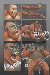 animal_noises anthro ape awarebear bald balls beating_chest bodily_fluids bodily_noises comic cum cumshot ejaculating_cum ejaculation erection fur fur_growth genital_fluids genitals gorilla growth haplorhine hi_res humanoid humanoid_genitalia humanoid_penis male mammal monkey monkey_boy monkey_feet muscle_growth muscular muscular_anthro muscular_male nipples nude onomatopoeia page_2 penis prehensile_feet primate screaming sharp_teeth solo sound_effects teeth text transformation transformation_sequence