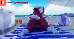 3d 3d_(artwork) alternate_version_at_source anthro anus ass backsack ball balls beach beach_ball beach_towel beverage_can big_butt butt_jiggle camseven chip_(sonic) cooler digital_media_(artwork) english_text eyewear fur genitals girly hair hi_res inflatable jiggling looking_at_viewer looking_back lying male mammal on_front outside public public_nudity rear_view red_body red_fur seaside sega solo sonic_(series) sonic_the_hedgehog_(series) sonic_unleashed sunglasses sunscreen teapot_(body_type) text thick_thighs towel unknown_species watermark white_hair wide_hips wings