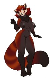 2022 4_toes 5_fingers ailurid anthro areola better_version_at_source breasts digital_media_(artwork) eyebrows eyelashes feet female fingers fur genitals hair hi_res lazyollie mammal nipples nude orange_eyes pussy red_body red_fur red_hair red_panda roksi smile toes