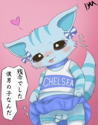 balls beatcats blue_fur blush blush censor_bar censored cheerleader cheerleader_uniform chelsea_(beatcats) cub dreammaker810 feline femboy girly heart lifting_skirt looking_at_viewer rule_63 sanrio thighhighs tongue tongue_out trap uncircumcised uncut