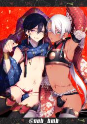 2boys 2femboys armpits asian_clothing belly_button_piercing black_hair blue_eyes brown-skinned_male brown_skin bulge dark-skinned_male dark_skin femboy femboy_only feminine feminine_male feminine_pose green_eyes heterochromia light-skinned_male male male_focus mole_under_mouth morino_bambi multiple_boys navel navel_piercing nipple_piercing original otoko_no_ko otokonoko pale-skinned_male piercing purple_eyes short_hair trap white_hair