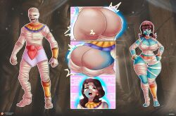 ass_expansion bandages blue_skin breast_expansion breasts brown_hair cleavage gender_transformation gray_eyes halloween hands_on_hips hi_res identity_death large_ass large_breasts milf monster_girl mtf_transformation mummy rule_63 sequence themightfenek thick_thighs thigh_gap transformation transformation_sequence wide_hips