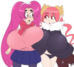 2girls denizen1414 eiken female female_only gigantic_breasts glasses huge_breasts ilulu_(dragon_maid) kobayashi-san_chi_no_maidragon komoe_harumachi megane miss_kobayashi's_dragon_maid pink_hair top_heavy