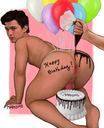 actor ass ass balloons cake celebrity english_text happy_birthday hole_(anatomy) icing looking_at_viewer looking_back male male_only marcomo muscles muscular muscular_male on_all_fours real_person tom_holland