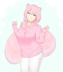 closed_eyes cute cynthia_(raki991) female female_only fluffy fluffy_tail milf pink_hair pink_shirt pink_tail pixiv raki991 skunk skunk_ears skunk_girl skunk_tail smile smiling smiling_at_viewer white_background white_legwear