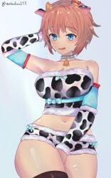 1girls arm_up artist_name blue_bow blue_eyes bow bows cow_ears cow_horns cow_print_armwear cow_print_bra cow_print_panties cowprint_armwear cowprint_bra cowprint_panties doki_doki_literature_club ear female horn horns just_sayori looking_at_viewer open_mouth orange_hair red_bow sayori_(doki_doki_literature_club) solo teal_bow watadraw193 white_background