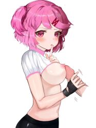 1boy 1girls 5_fingers breasts doki_doki_literature_club dokomon edit female_focus motion_lines natsuki_(doki_doki_literature_club) nipples pink_eyes pink_hair solo_focus twintails white_background