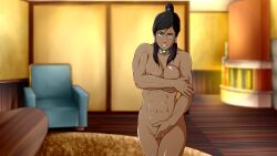 1girls angry avatar_legends big_breasts blue_eyes collar covering dark-skinned_female embarrassed_nude_female female female_protagonist korra muscles the_avatar the_legend_of_korra water_tribe woorkvaza