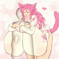 1boy 1girls animated anon cat_girl catgirl cute enormous_breasts female hataraki_ari hug hyper hyper_breasts male milkcat_(hataraki_ari) original pink_hair torn_clothes