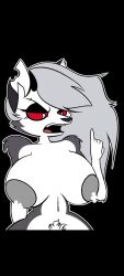 angry anthro black_eyes black_mouth black_nose bobas breasts canine dog_girl furry grey_fur grey_hair grey_titties hellhound helluva_boss loona_(helluva_boss) pabloxloona pink_tongue red_eyes red_tongue snout taller_girl white_fingers white_fur wolf wolf_ears wolf_girl