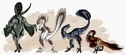 4girls claws deinonychus dinosaur dinosaur_girl dinosaur_name dromaeosaur dromaeosaurid dromaeosaurus feathered_dinosaur female female_only feral isismasshiro multiple_girls original raptor raptor_claws sharp_teeth utahraptor velociraptor