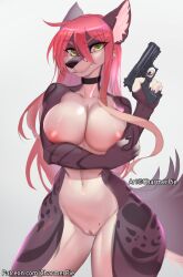 anthro brown_body brown_fur canid canine canis charmerpie female fur genitals gun hair handgun hi_res jewelry mammal markings mole_(marking) necklace nipples pink_body pink_hair pink_nipples pistol pussy ranged_weapon semiautomatic solo weapon white_body white_fur wolf