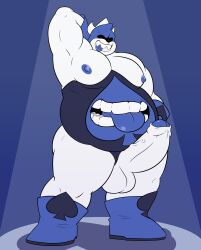 anthro arm_up balls bara big_balls big_penis boner darkner deltarune erection gay hand_behind_head hand_on_hip king_spade male male_only monster musclegut muscles penis redeyedgazer solo solo_male stomach_mouth tongue_out white_body