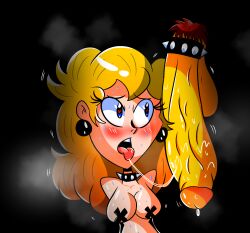 1boy 1girls bad_censor blonde_hair blue_eyes bowser breasts cock_ring cock_worship covering female male mario_(series) nebulapixels princess_peach saliva_trail sweat