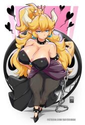 1girls bayeuxman big_breasts blonde_hair blue_eyes bowsette breasts chain_chomp eye_contact female female_focus female_only horns huge_breasts legwear long_hair looking_at_viewer mario_(series) new_super_mario_bros._u_deluxe nintendo solo super_mario_bros. tail thick_thighs thighs