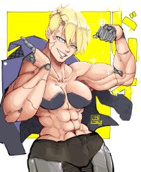 1girls abs big_biceps blonde_hair cd_projekt_red cyberpunk:_edgerunners cyberpunk_2077 dorio_(edgerunners) female female_only flexing flexing_bicep light-skinned_female light_skin lynm_aru muscular muscular_female netflix short_hair studio_trigger text