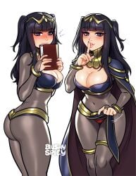 1girls artist_name ass bangs black_cape black_hair black_nails blunt_bangs blush blushypixy blushyspicy bodystocking book breasts bridal_gauntlets brown_bodysuit brown_cape cape cape_removed cleavage covered_navel finger_to_mouth fire_emblem fire_emblem_awakening flashing from_side goth hair_ornament hand_up hands_up highres holding holding_book large_breasts long_hair multiple_views nail_polish nintendo panties pelvic_curtain pelvic_curtain_lift red_panties shiny shiny_hair shoulder_pads shushing simple_background tharja_(fire_emblem) two-sided_cape two-sided_fabric two_side_up underwear