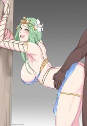 1boy 1girls against_wall arm_support ass back bare_back bare_legs belly_dancer bent_over big_ass blush breasts dancer dancer_outfit dark-skinned_male female female_focus fire_emblem fire_emblem:_three_houses green_eyes green_hair hair_flower harem_outfit interracial large_breasts legs long_hair male nintendo open_mouth pelvic_curtain revealing_clothes rhea_(fire_emblem) rihan_fiella sideboob smile solo_focus standing standing_sex underboob