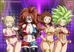 4girls abs android_21 arm_sleeves bangs bikini black_legwear blonde_hair blue_eyes blush breasts brown_hair brunette cleavage clothes club crossover double_bun dragon_ball dragon_ball_fighterz dragon_ball_super dragon_ball_z earrings elbow_gloves franfuentesart2 gloves green_hair highres himiko_toga kefla large_breasts legwear long_hair looking_at_viewer mouth_open multiple_girls muscular_female my_hero_academia navel_piercing nightclub ochako_uraraka orange_hair redhead short_hair shorts sideboob sidelocks skindentation skirt smile spiky_hair swimsuit thick_thighs thighhighs thong toned_female underboob underwear watermark wrist_cuffs