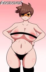 1girls areolae athletic athletic_female big_breasts black_eyes black_swimsuit brown_hair busty curvy curvy_body curvy_female curvy_figure eyes_visible_through_glasses female female_only glasses large_breasts maymayumi2 navel overwatch pink_areola short_hair simple_background solo solo_female swimsuit thick_thighs tracer visible_eyes