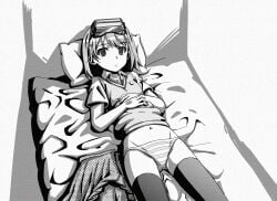 10s 1girls 2011 bed bedroom black_socks clone female greyscale hair_ornament hairpin head-mounted_display hi_res indoors looking_at_viewer lying miniskirt misaka_imouto monochrome navel nisetabi on_back on_bed panties school_uniform schoolgirl short_hair skirt skirt_removed socks solo striped_panties teenage_girl teenager thigh_socks thighhighs to_aru_kagaku_no_railgun to_aru_majutsu_no_index tokiwadai_school_uniform underwear young