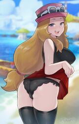 1girls artsheops ass big_breasts black_socks blue_eyes breasts brown_hair butt eye_contact female female_focus female_only game_freak hat legwear light_skin long_hair looking_at_viewer nintendo panties pokemon pokemon_(game) pokemon_masters pokemon_masters_ex pokemon_xy serena_(pokemon) serena_(pokemon_games) sideboob skirt skirt_up socks solo thick_thighs thigh_socks thighhighs thighs trefoil