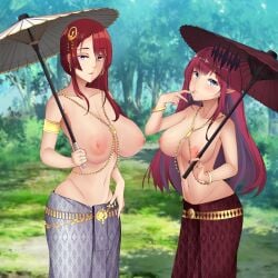 2girls accessory baobhan_sith_(fate) blue_eyes bracelets commission commissioner_upload earrings fairy_knight_tristan_(fate) fate/grand_order fate_(series) female female_only forest hair_ornament hi_res jewelry large_breasts miss_crane_(fate) multiple_girls nipples purple_eyes red_hair tiara topless umbrella very_high_resolution