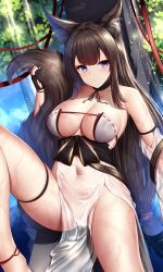 1girls amagi_(azur_lane) amagi_(wending_waters_serene_lotus)_(azur_lane) azur_lane belly_button belly_button_visible_through_clothing big_ass big_breasts big_butt clothed clothing female female_only legs_apart light-skinned_female light_skin looking_at_viewer looking_pleasured sakura_empire_(azur_lane) see-through see-through_clothing solo wet wet_clothes wsman