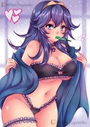 1girls alternate_breast_size artist_signature blue_eyes blue_hair breasts cat_lingerie cleavage female female_only fire_emblem fire_emblem_awakening frills frilly large_breasts lingerie long_hair looking_at_viewer lucina_(fire_emblem) nintendo solo sugarbell tiara underboob undressing