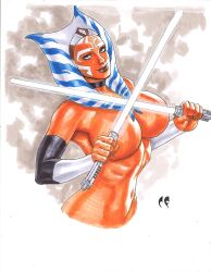 1girls ahsoka_tano alien alien_girl athletic_female big_breasts blue_eyes chris_foulkes covered_nipples female female_only large_breasts lekku lightsaber navel nude nude_female orange_skin solo standing star_wars star_wars_rebels togruta