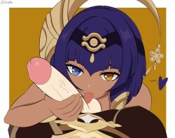 1boy 1boy1girl 1girls aether_(genshin_impact) balls big_penis blue_eyes candace_(genshin_impact) clothed_male_nude_female fellatio female genshin_impact heterochromia human large_penis licking oriimello pov_eye_contact purple_hair tan tongue tongue_out yellow_eyes