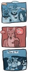 2016 anthro biped canid cobalt_(tatsuchan18) collar comic detailed_background english_text female fur group hair havoc_(tatsuchan18) hi_res hyaenid male mammal mink_(tatsuchan18) sitting speech_bubble standing tatsuchan18 text