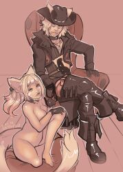 abysmal0 animal_ears biting_lip chair clothed_male_nude_female collar earrings facial_hair female final_fantasy final_fantasy_xiv gloves hat kneeling large_breasts legs_crossed male miqo'te necklace nude nude_female_clothed_male pussy sitting tail