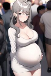 1girls ai_generated big_breasts blush cleavage dress earrings female female_focus grey_eyes grey_hair hand_on_belly hand_on_stomach long_hair looking_at_viewer minidress nai_diffusion original pregnant public ready_to_pop ryo_(artist) short_dress skin_tight solo_focus stable_diffusion tight_clothing