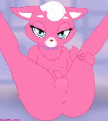 2014 anthro anthrofied anus artist_name ass balls blue_eyes bow_tie dated digitigrade domestic_cat felid feline felis fur genitals girly hair hasbro humanoid_genitalia humanoid_penis littlest_pet_shop looking_at_viewer mainnm-e male mammal mostly_nude penis pink_body pink_fur presenting ripley_davis solo white_hair