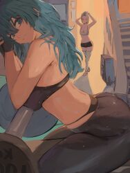 2girls arched_back ass bench blue_eyes blue_hair breasts byleth_(fire_emblem) byleth_(fire_emblem)_(female) edelgard_von_hresvelg female fire_emblem fire_emblem:_three_houses gym gym_equipment hartman_hips hi_res hips huge_ass huge_breasts light-skinned_female long_hair looking_at_viewer miraihikari naughty_face nintendo slim_waist smile thick_thighs thighs weights white_hair wide_hips