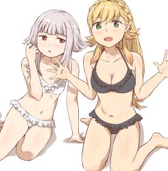 2girls bikini black_bikini blonde_hair bow braid breasts cleavage collarbone crown_braid feet_out_of_frame female female_only fire_emblem fire_emblem_heroes flat_chest frilled_bikini frills kuhuku006f86 long_hair looking_at_another looking_at_viewer matching_outfit medium_breasts multiple_girls navel nintendo open_hands open_mouth sharena_(fire_emblem) short_hair_with_long_locks sitting small_breasts swimsuit thighs veronica_(fire_emblem) wariza white_background white_bikini white_hair