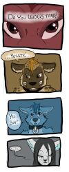 2016 anthro canid cobalt_(tatsuchan18) collar comic english_text female fur group hair havoc_(tatsuchan18) hi_res hyaenid male mammal mink_(tatsuchan18) open_mouth speech_bubble tatsuchan18 text