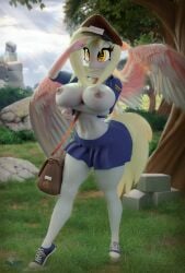 3d 3d_(artwork) absurd_res anthro big_breasts blender blender_(software) bottomwear breasts clothed clothing derpy_hooves derpy_hooves digital_media_(artwork) equid equine feathered_wings feathers female footwear friendship_is_magic gesture hasbro hat headgear headwear hi_res holding_breast hooves-art horse huge_breasts mail mailbag mammal my_little_pony nipples open_clothing open_topwear pegasus pony salute shoes skirt solo topwear wings