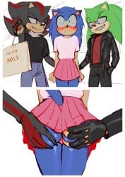 ass ass_grab butt_grab crossdressing femboy gay grope grope_from_behind groping groping_ass groping_butt hauringu imminent_gangbang male_only panties polyamory public scourge_the_hedgehog shadow_the_hedgehog short_skirt sonic_(series) sonic_the_hedgehog sonic_the_hedgehog_(archie) sonic_the_hedgehog_(comics) sonic_the_hedgehog_(series) threesome yaoi