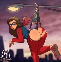 1girls ass big_ass dark-skinned_female female female_only hanging_wedgie kamala_khan marvel marvel_cinematic_universe ms._marvel muslim muslim_female pakistani pakistani_female panties semidraws stuck wedgie