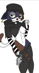 anthro beanie cat cat_ears cat_tail choker exposed_breasts exposed_pussy fortnite furry goth goth_girl looking_at_viewer meow_skulls_(fortnite) nipple_piercing pulling_down_pants pulling_shirt_up pussy sweater tagme