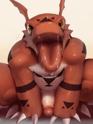 amber_eyes anthro bandai_namco big_penis big_tongue black_markings bodily_fluids claws crouching digimon digimon_(species) drooling erection genitals glistening glistening_body glistening_skin guilmon hands_on_floor head_tilt hi_res katabreak looking_at_viewer male male_only markings muscular muscular_male open_mouth penis red_body red_skin saliva slightly_chubby smile solo tongue tongue_out white_body white_skin