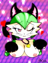 1girls areolae bare_breasts bell_collar big_breasts cat_collar cat_costume cat_ears cat_tail costume cute cute_face female_focus female_only fluffy_ears gardevoir green hair half_body heart hearts j_x_villain naked nipples no_bra not_furry nude nude_female pink_background pink_eyes pokémon_(species) pokemon pokemon_(species) pokemon_rse shiny_eyes shiny_hair uwu watermark whiskers wink winking winking_at_viewer