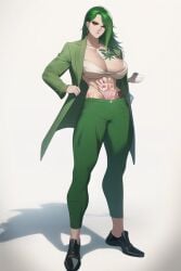 abs ai_generated angry ariel_takt cleavage collarbone earrings female female_focus female_only femdom gender_transformation grand_theft_auto grand_theft_auto_online green_hair gta_online_female_character huge_breasts jeans long_hair mature_female nai_diffusion open_clothes pants red_eyes rockstar_games rule_63 stable_diffusion tattoo thick_thighs tomboy transformation