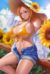 1girls abs areola areolae arm_on_head big_breasts bleach blue_eyes blush blushing bow_bra bra breasts cleavage dress exlic exposed_breasts female female_focus female_only flashing inoue_orihime large_breasts leaning leaning_back leaning_on_hand leaning_on_object looking_at_viewer nipples nipples_visible_through_clothing open_shirt orange_hair panties shirt short_shorts shorts smiling solo solo_female sun_hat sunflower sunflowers unzipped_pants white_shirt yellow_underwear