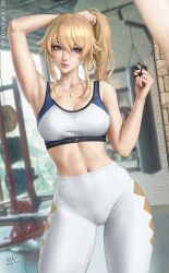 1girls blonde_hair blue_eyes genshin_impact gym_clothes hartman_hips jean_gunnhildr light_skin midriff mirror ponytail_hold sciamano240 sports_bra sweat sweat_stain sweaty_body wet_clothes white_clothing yoga_pants