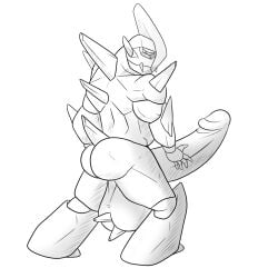 anthro ass balls big_balls big_penis butt_focus erection generation_5_pokemon genitals gigalith looking_at_viewer looking_back lying male nintendo on_back penis pokemon pokemon_(species) smutty-smeargle solo video_games